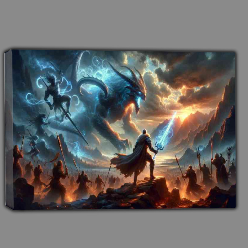 Buy Canvas : (Heroic stand against a mythical beast with the central figure)