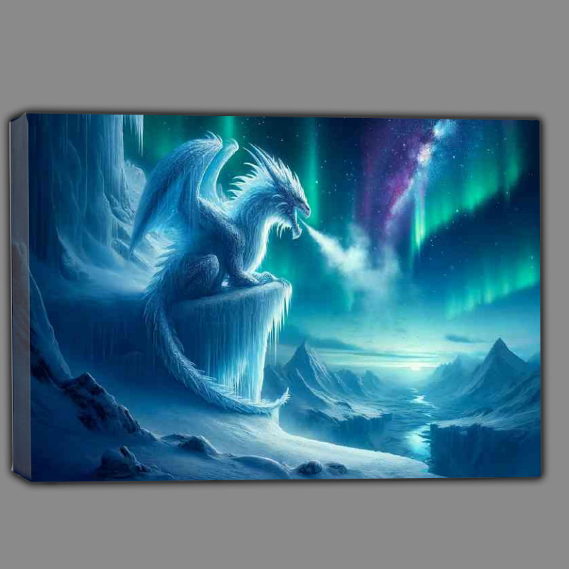Buy Canvas : (Ice Dragon perched on a snow covered cliff its chilling mist)