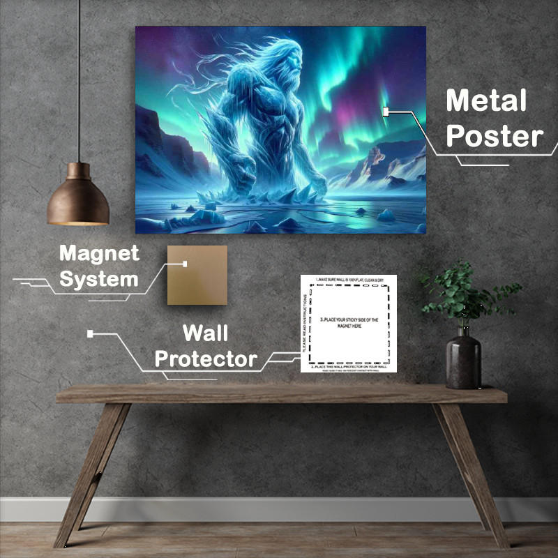 Buy Metal Poster : (Ice giant carved from glacial ice under the aurora borealis)