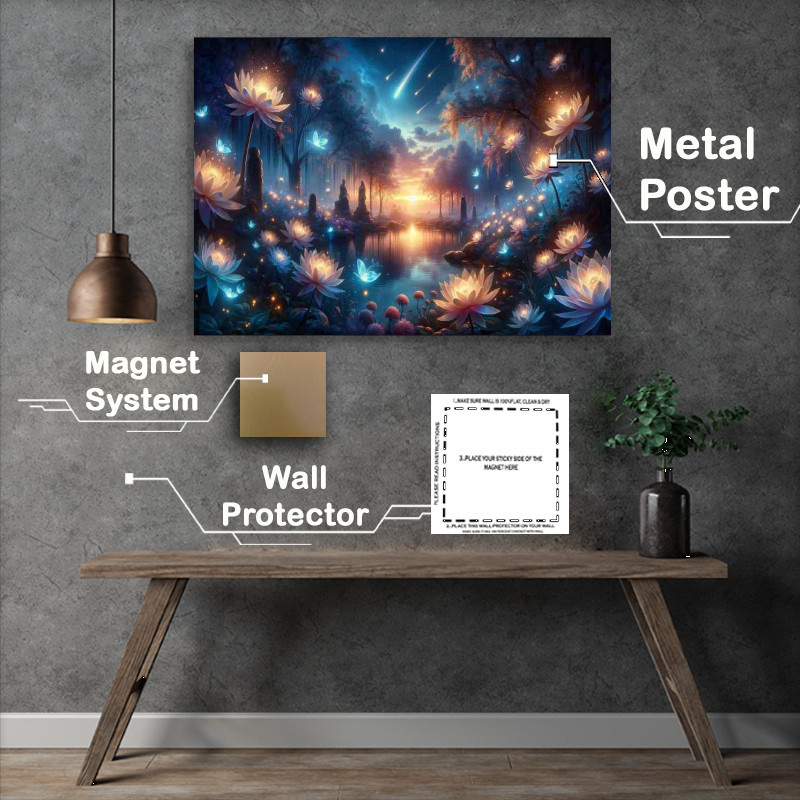 Buy Metal Poster : (Celestial garden at dusk with ethereal flowers soft glowing light)