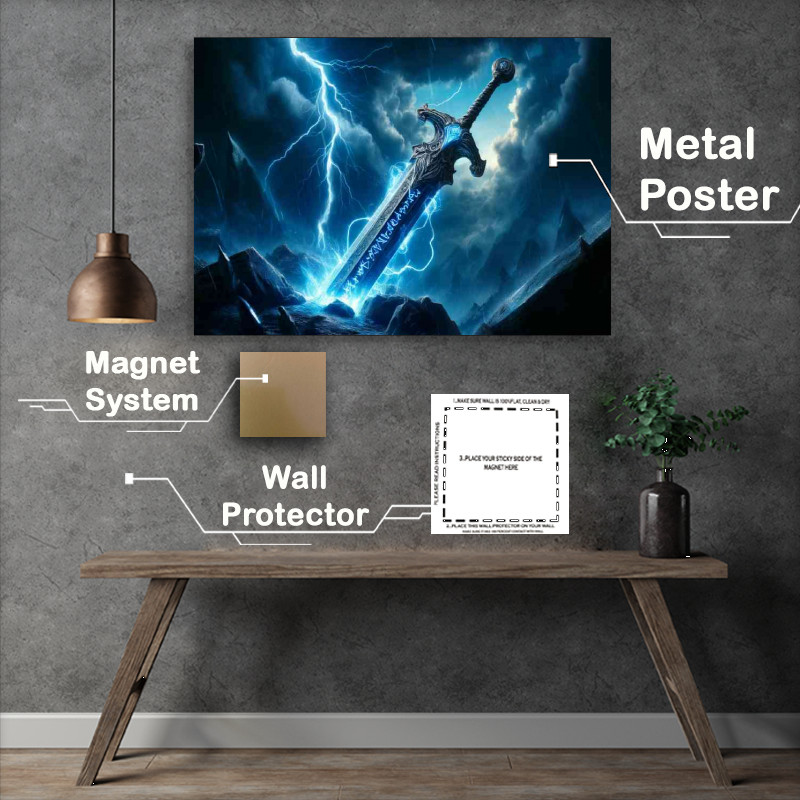 Buy Metal Poster : (Enchanted sword glowing intensely with blue fire)