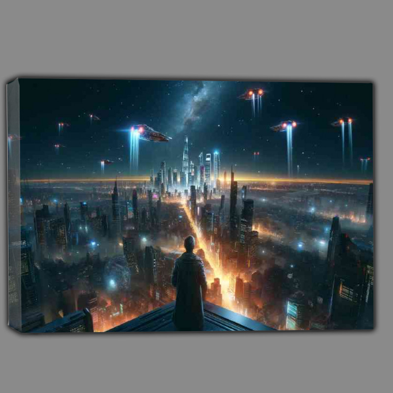 Buy Canvas : (Rooftop encounter overlooking a sprawling city at night)