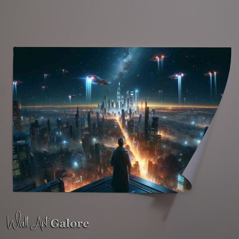 Buy Unframed Poster : (Rooftop encounter overlooking a sprawling city at night)
