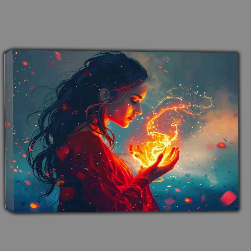 Buy Canvas : (The Woman in red holds fire glowing in her hands)