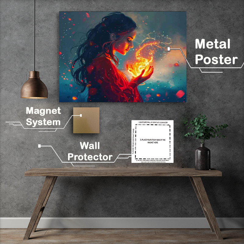 Buy Metal Poster : (The Woman in red holds fire glowing in her hands)