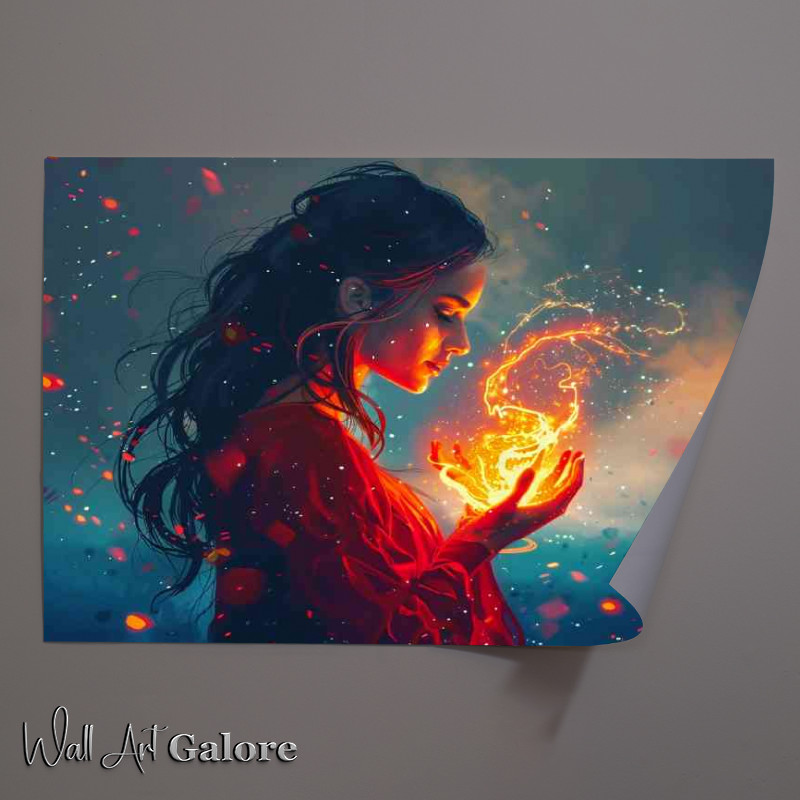 Buy Unframed Poster : (The Woman in red holds fire glowing in her hands)