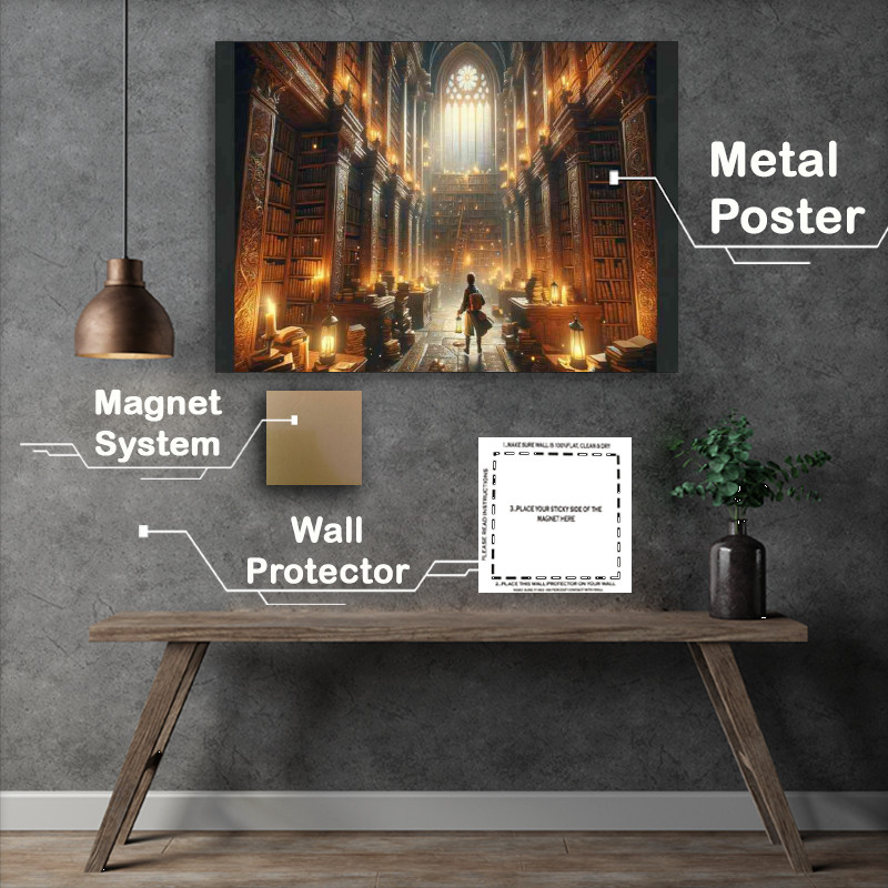 Buy Metal Poster : (Towering bookshelves and mystical artifacts)