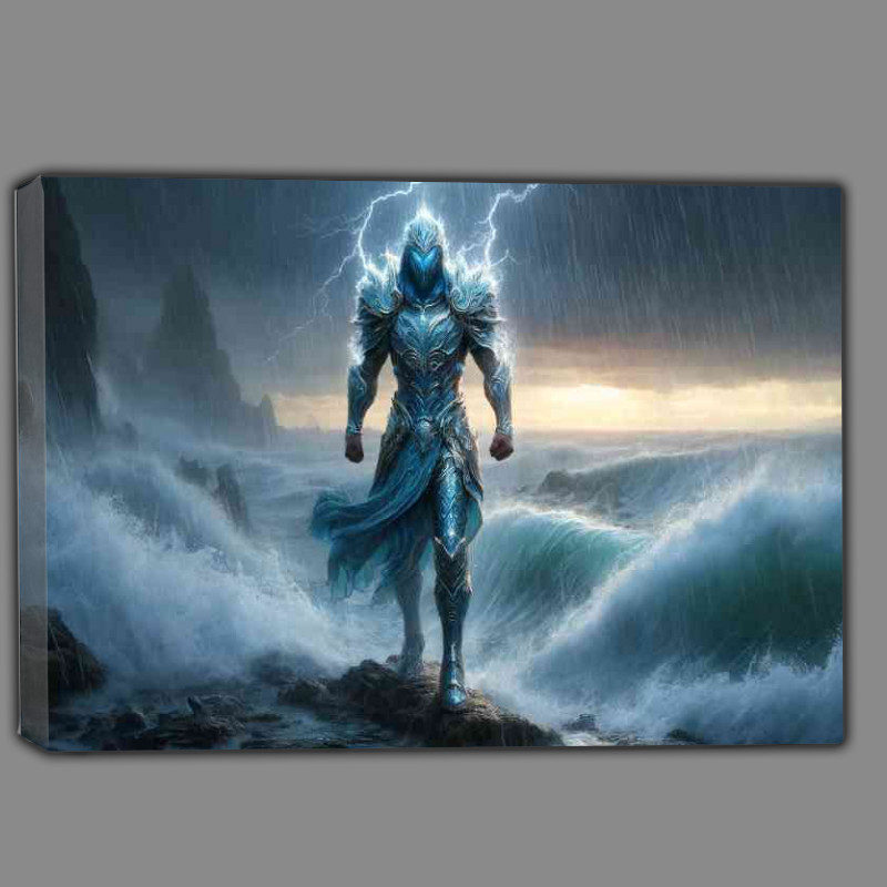 Buy Canvas : (Warrior clad in water themed armor, standing amidst a torrential rainstorm)