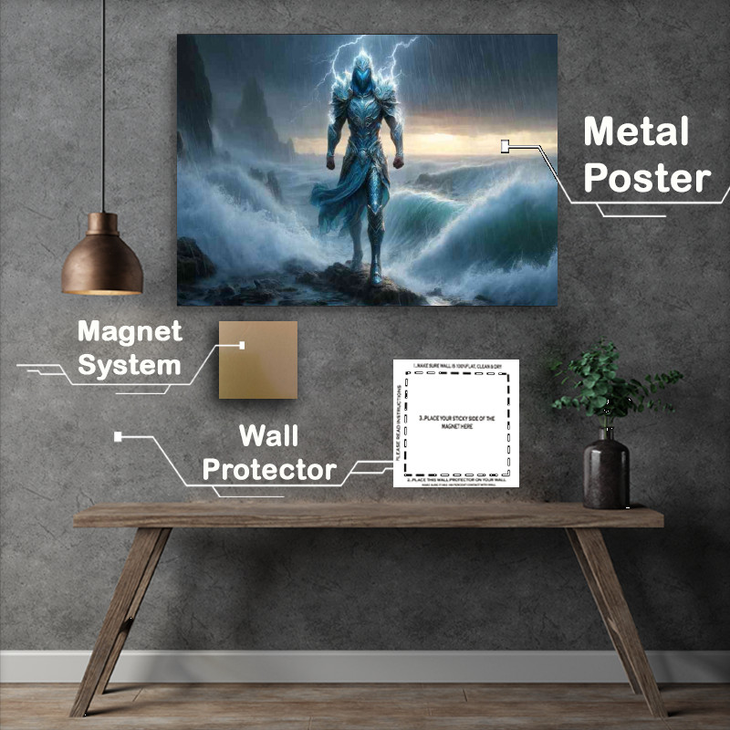 Buy Metal Poster : (Warrior clad in water themed armor, standing amidst a torrential rainstorm)