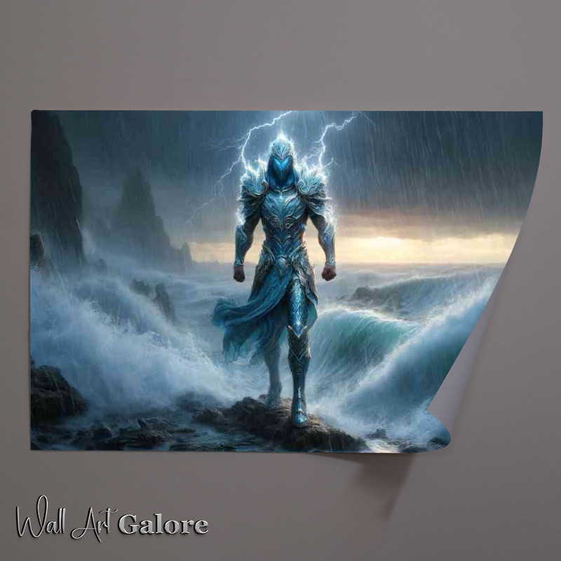Buy Unframed Poster : (Warrior clad in water themed armor, standing amidst a torrential rainstorm)