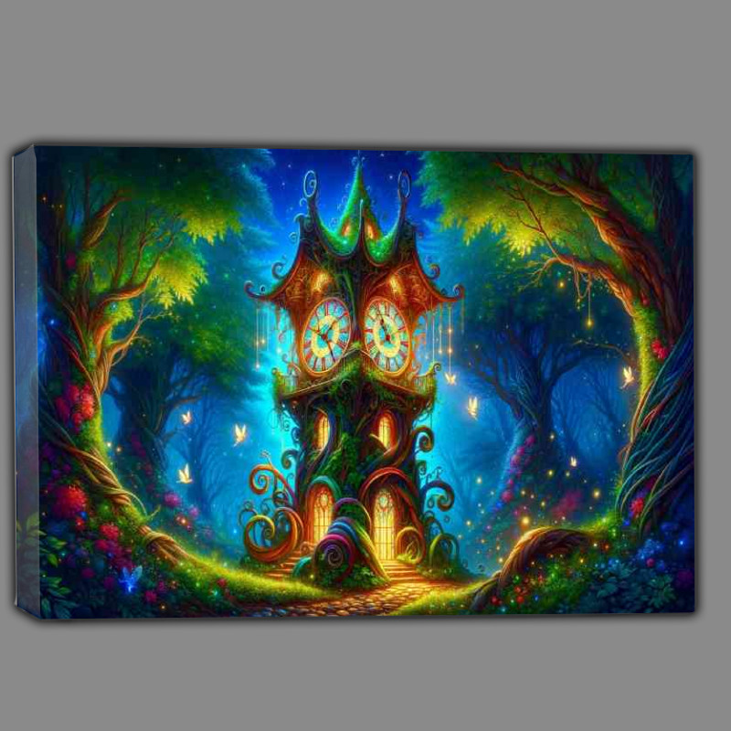 Buy Canvas : (Whimsical clock tower its structure crafted from twisted vines and glowing leaves)