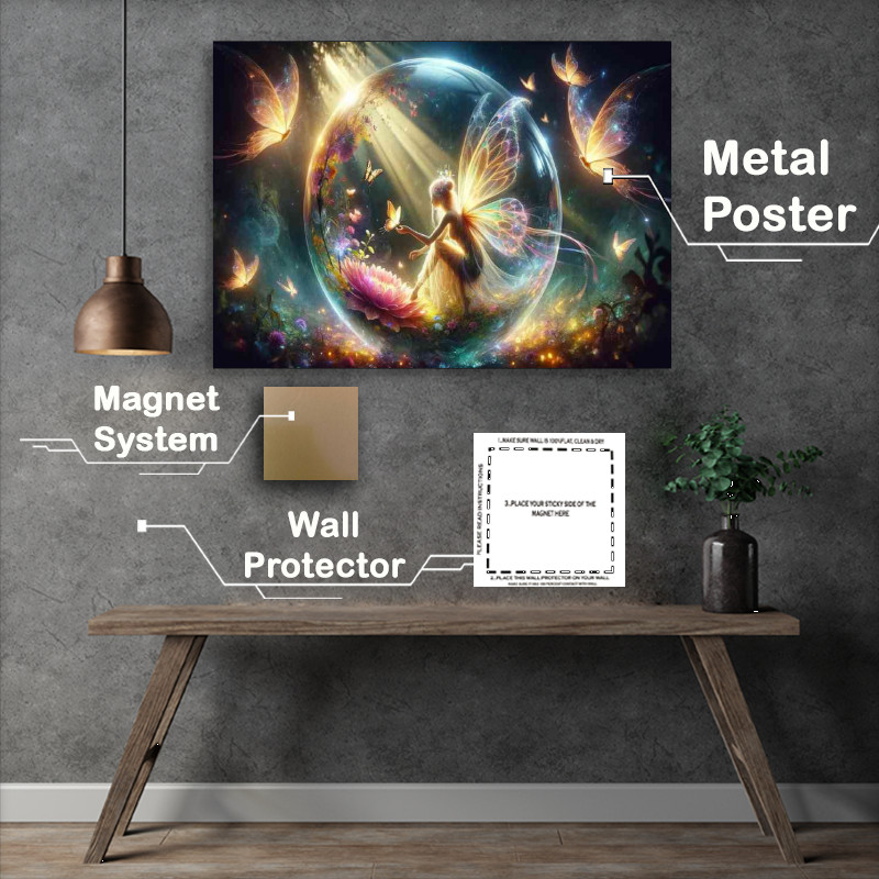 Buy Metal Poster : (Fairy in a luminous crystal sphere interacting with glowing butterflies)