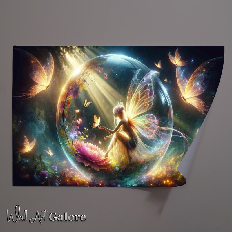 Buy Unframed Poster : (Fairy in a luminous crystal sphere interacting with glowing butterflies)