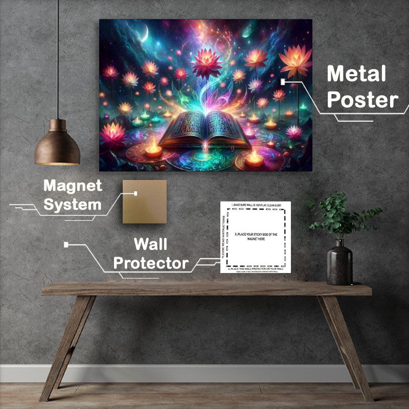 Buy Metal Poster : (Magical Grimoire open celestial altar glowing lotus flowers)