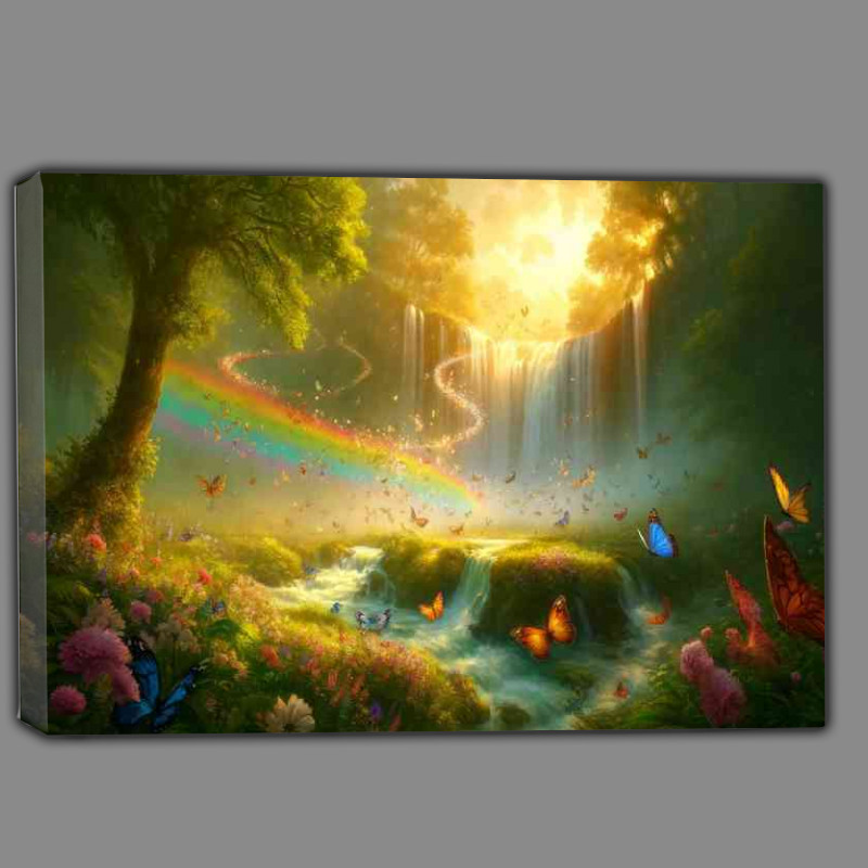 Buy Canvas : (Serene nature scene with a multitude of colorful butterflies dancing)