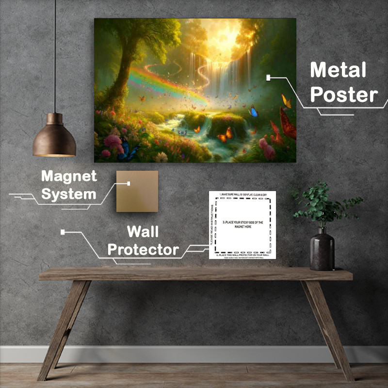 Buy Metal Poster : (Serene nature scene with a multitude of colorful butterflies dancing)