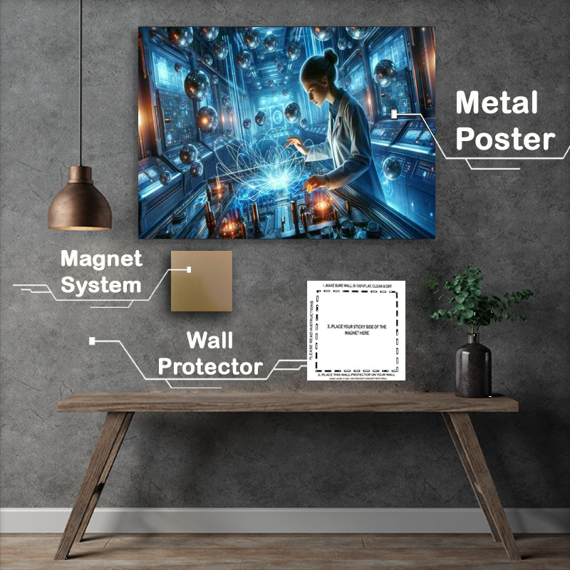 Buy Metal Poster : (Young female scientist in a high tech lab manipulating)