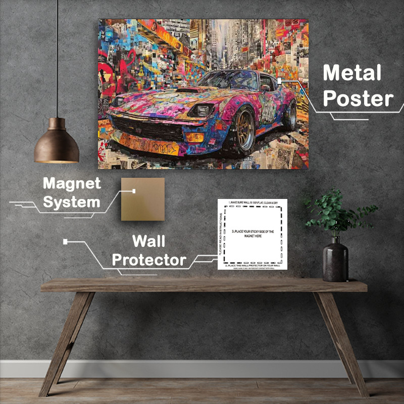 Buy Metal Poster : (A modern car covered with graffiti down a street)