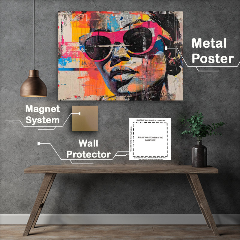 Buy Metal Poster : (Art work lady in pink glasses with mixed media)