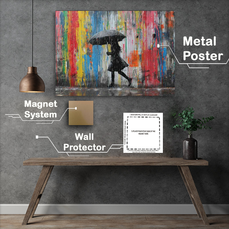 Buy Metal Poster : (Banksy style girl with umberella in the coloured rain)