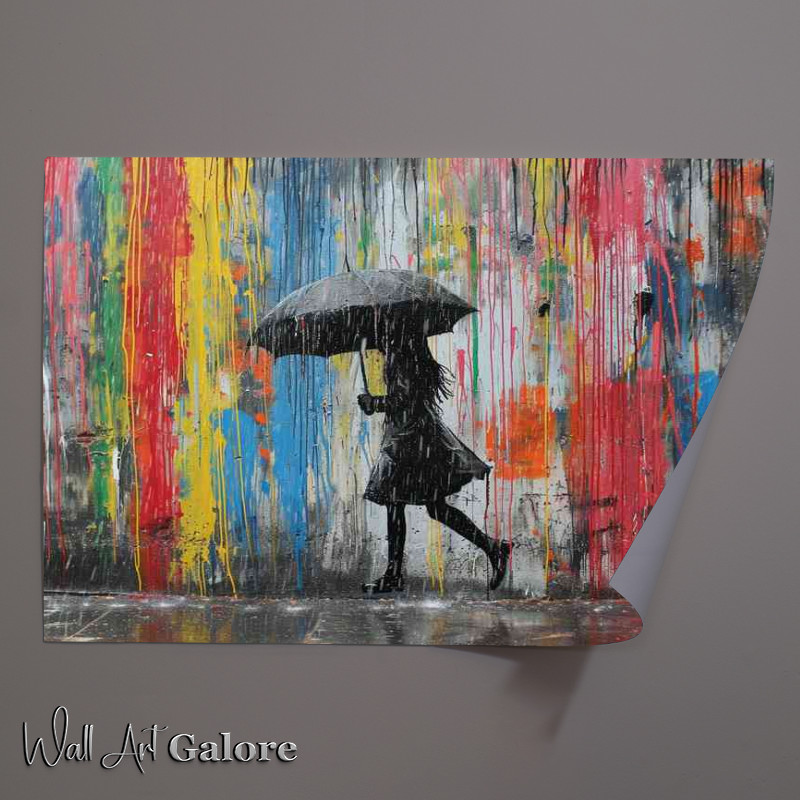 Buy Unframed Poster : (Banksy style girl with umberella in the coloured rain)