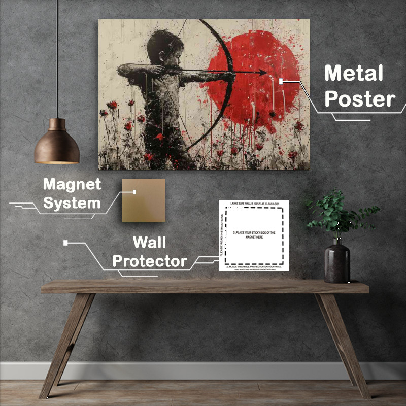 Buy Metal Poster : (Boy with a bow artow in a flower field)
