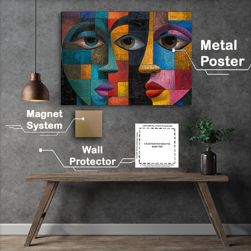Buy Metal Poster : (Cubist abstract faces in mixed colour)