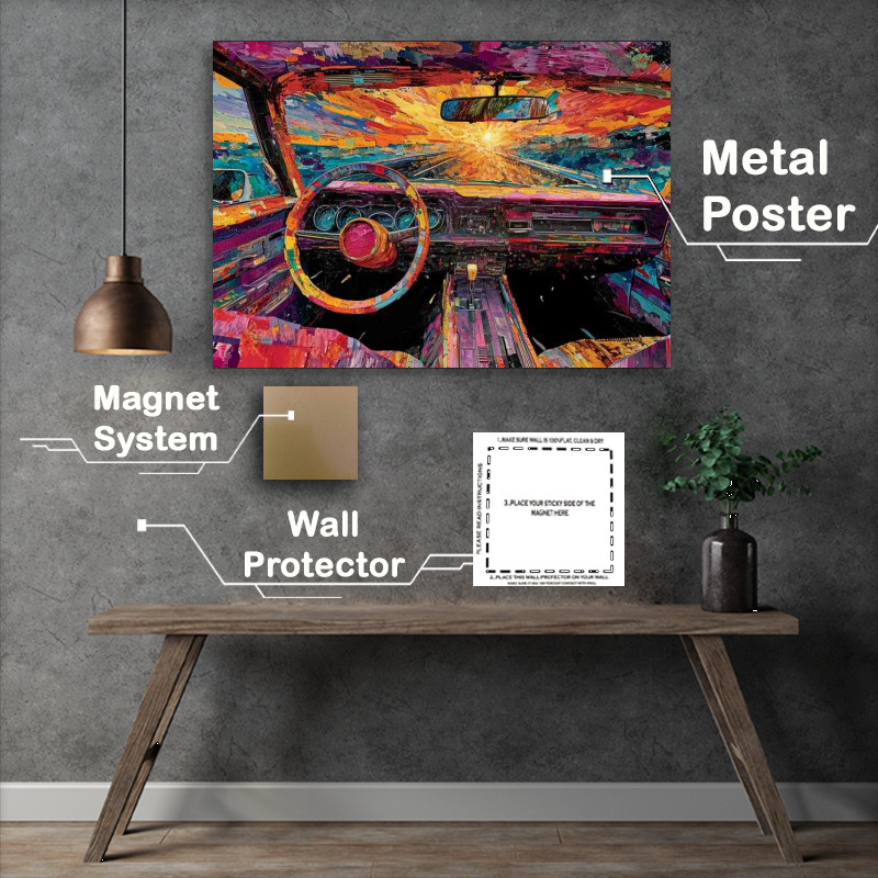 Buy Metal Poster : (Driving sunset with splatter art)
