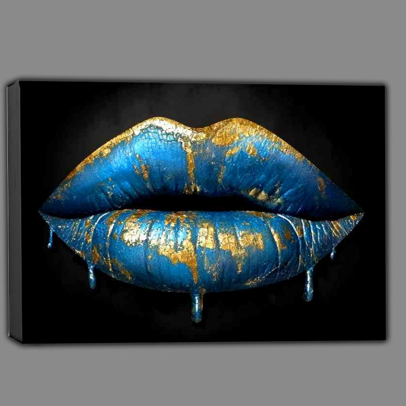 Buy Canvas : (Gold and blue drip lips bling in the style of surreal)