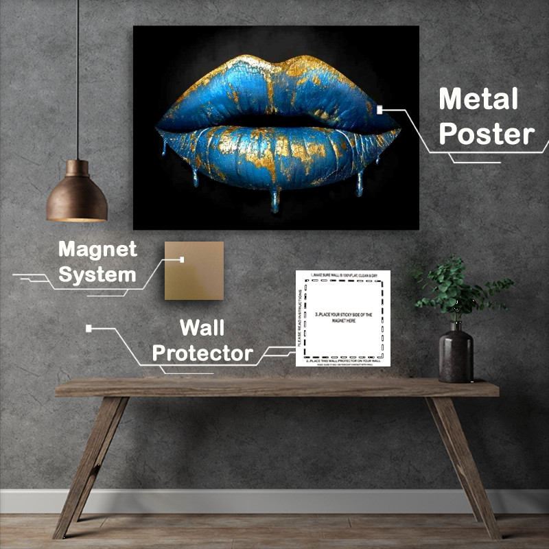 Buy Metal Poster : (Gold and blue drip lips bling in the style of surreal)