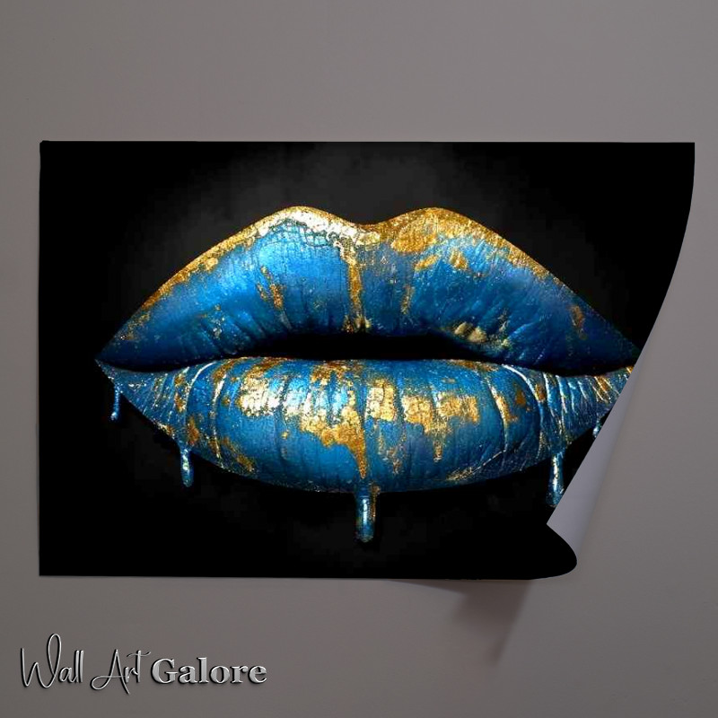 Buy Unframed Poster : (Gold and blue drip lips bling in the style of surreal)