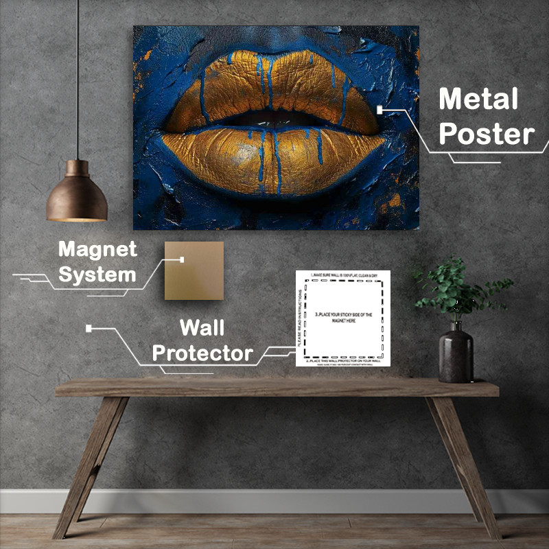 Buy Metal Poster : (Golden dipped lips on a dark blue background)