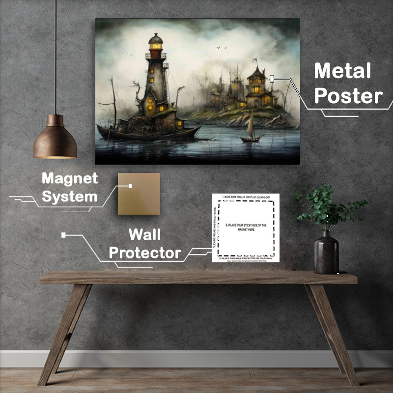 Buy Metal Poster : (Houses on a island with a lighthouse and boats)