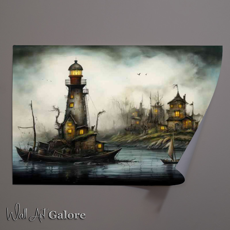Buy Unframed Poster : (Houses on a island with a lighthouse and boats)