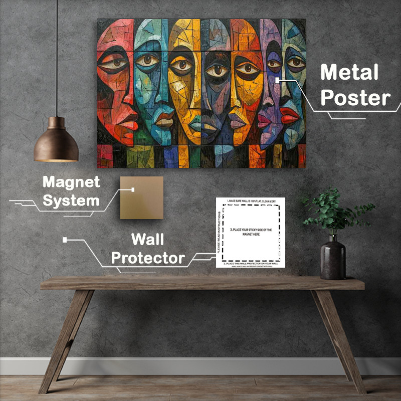 Buy Metal Poster : (Many faces in a abstract cubist form)