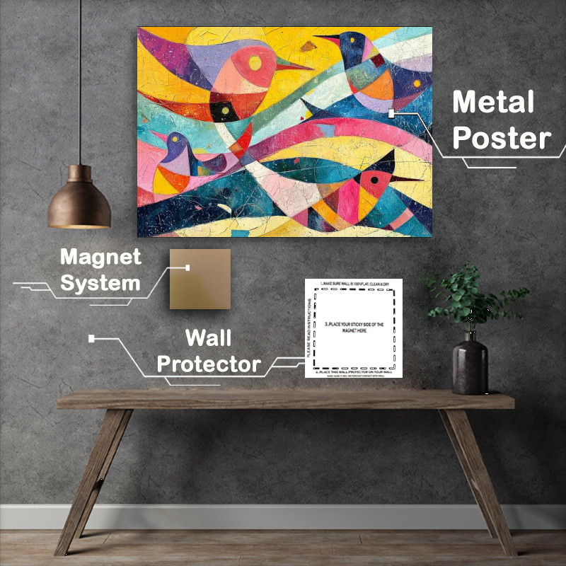 Buy Metal Poster : (Painting of an abstract with colorful birds)