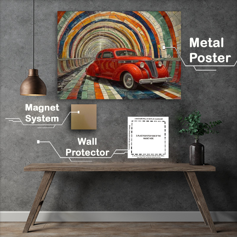 Buy Metal Poster : (Red car in a tunnel with a colourful mosaic)