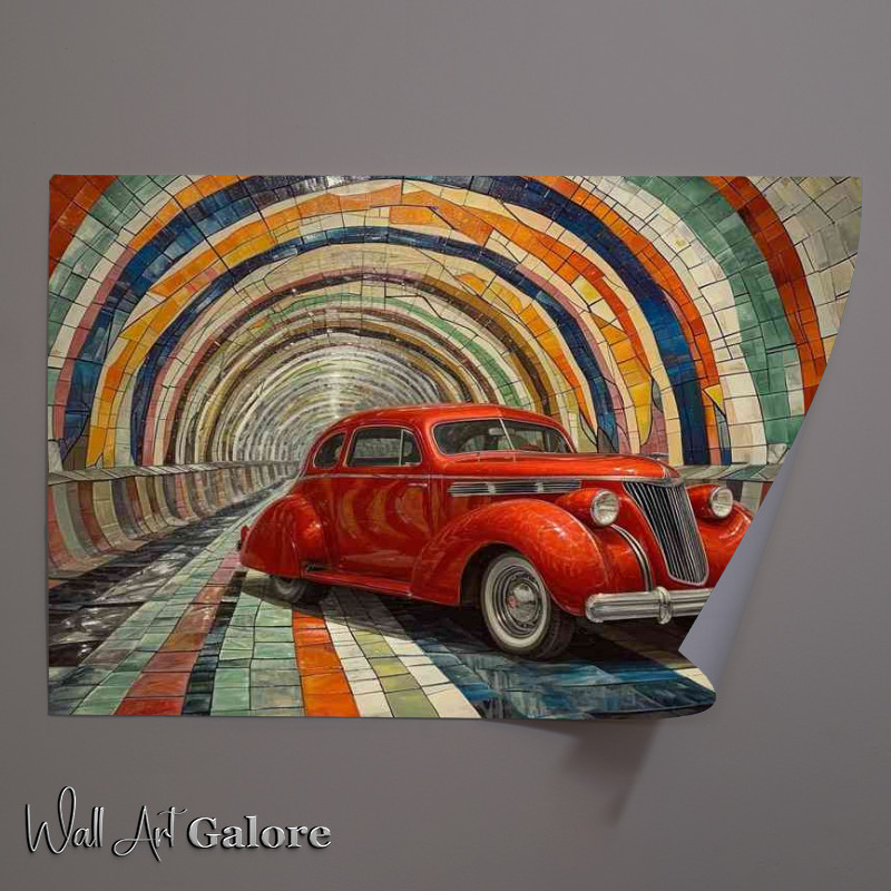 Buy Unframed Poster : (Red car in a tunnel with a colourful mosaic)