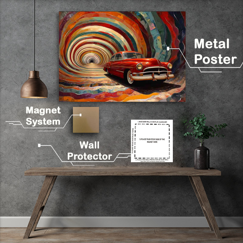 Buy Metal Poster : (The red car leaving the colourful tunnel)