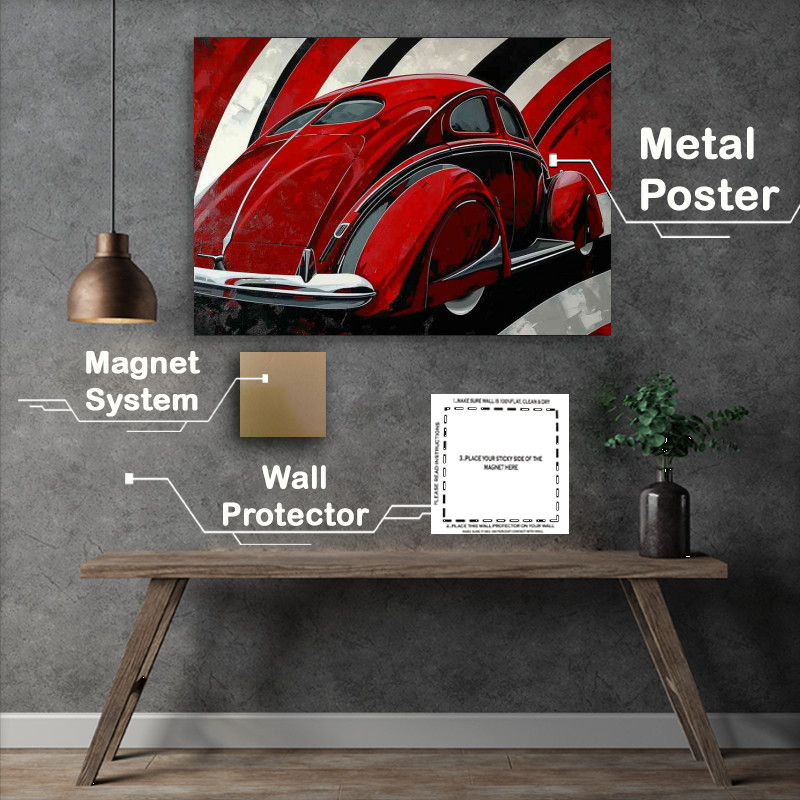 Buy Metal Poster : (The sleek red car with black and white stripes)