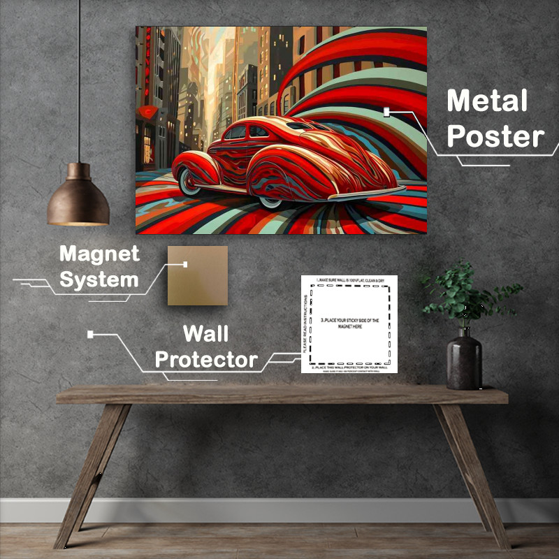 Buy Metal Poster : (The sleek red modern car with stripes)