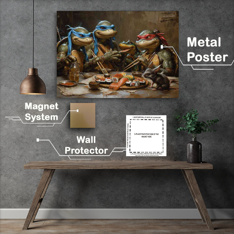 Buy Metal Poster : (Turtles having sushi at the table)