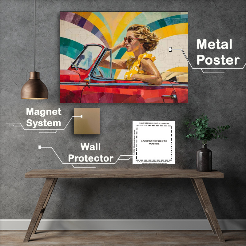 Buy Metal Poster : (Woman driving a red convertable pop art)