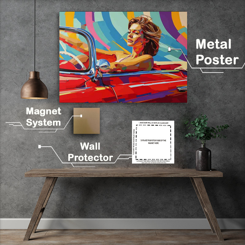 Buy Metal Poster : (Woman sitting in a red car pop art)