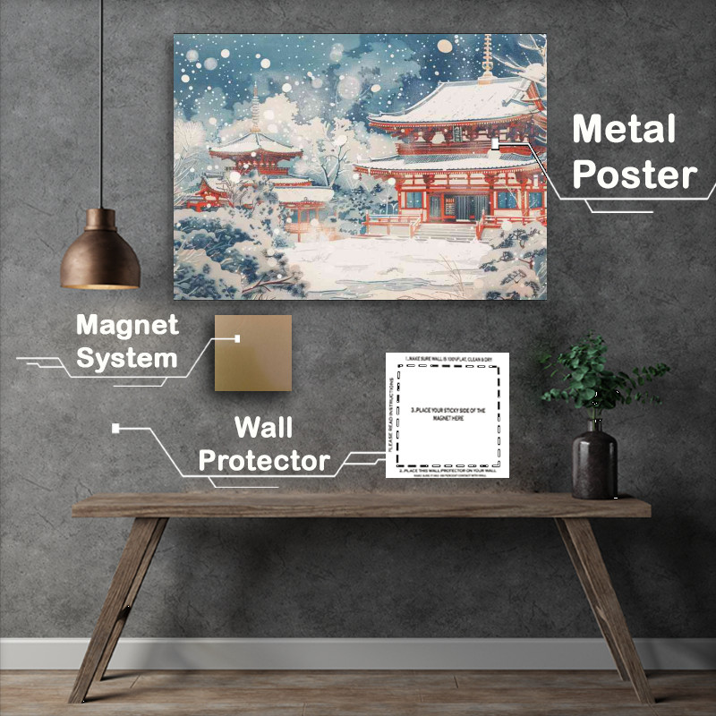 Buy Metal Poster : (Falling snow on japanese temples)
