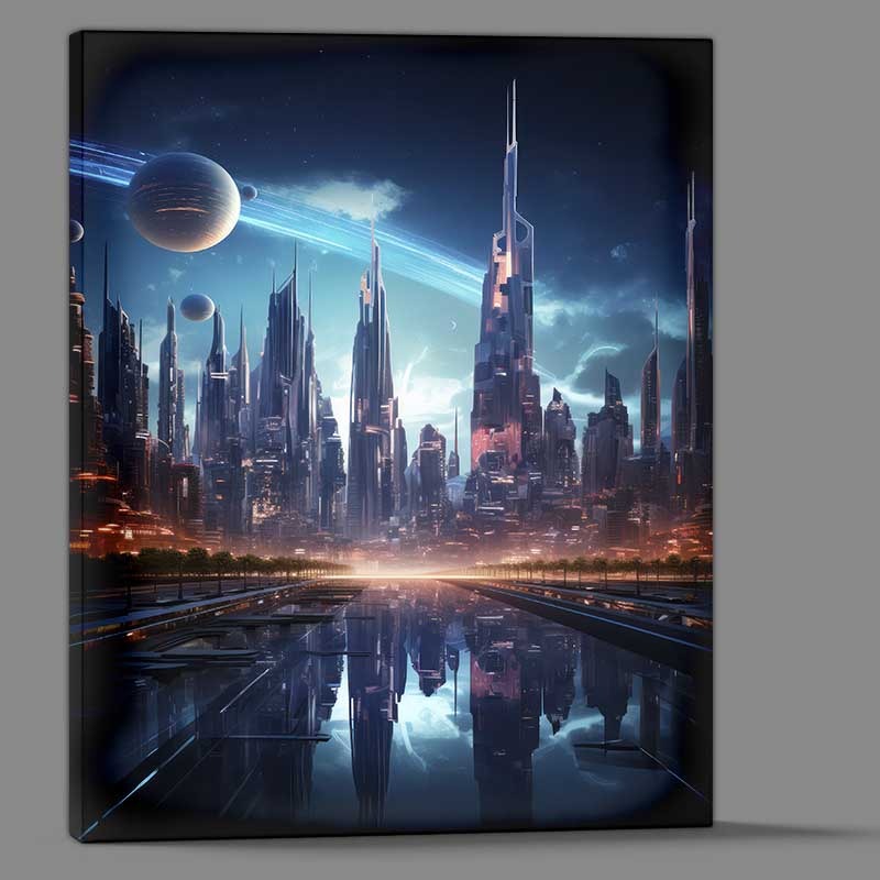 Buy Canvas : (Futuristic city with neon lights shown above the city)