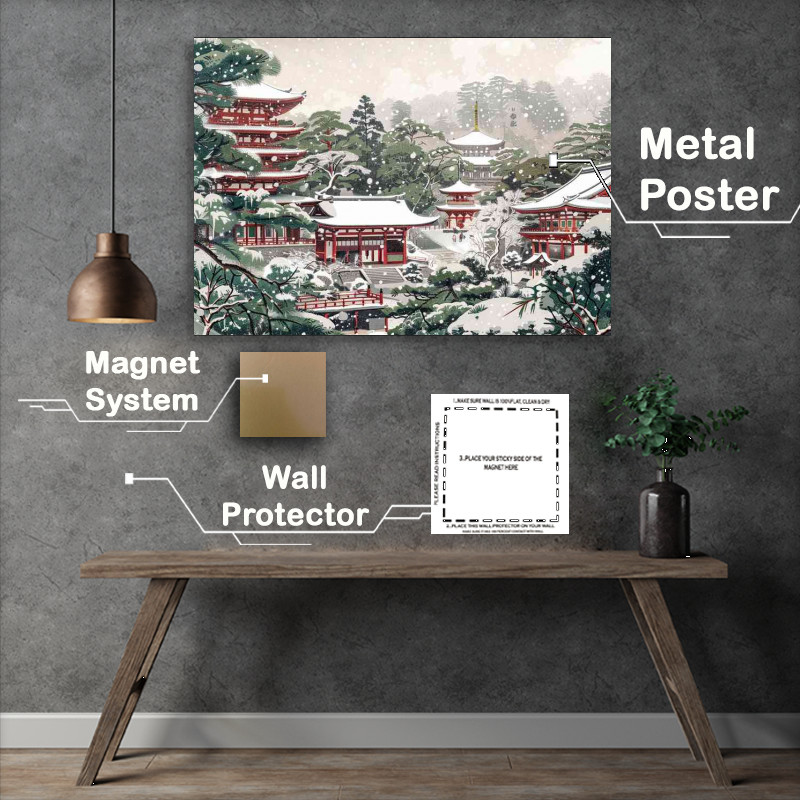 Buy Metal Poster : (Japanese woodblock style snow temples)