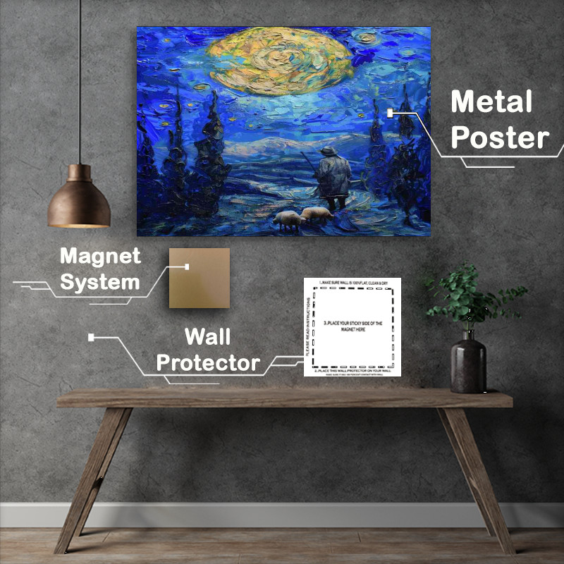 Buy Metal Poster : (A man hurding his sheep under the moon)