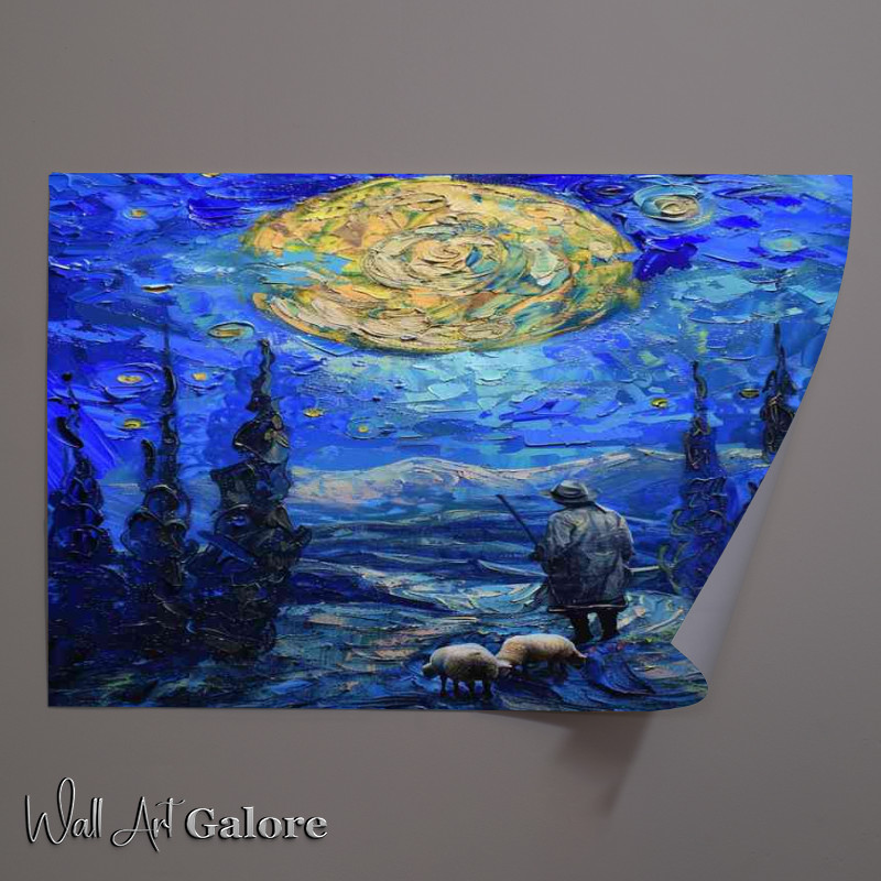 Buy Unframed Poster : (A man hurding his sheep under the moon)