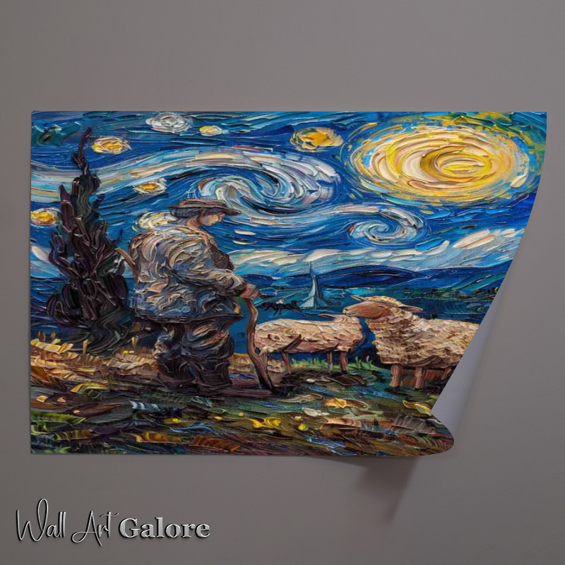 Buy Unframed Poster : (A man with his sheep at night)